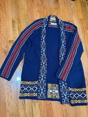 Lucky Brand Men's Navy Blue Patterned Open Cardigan